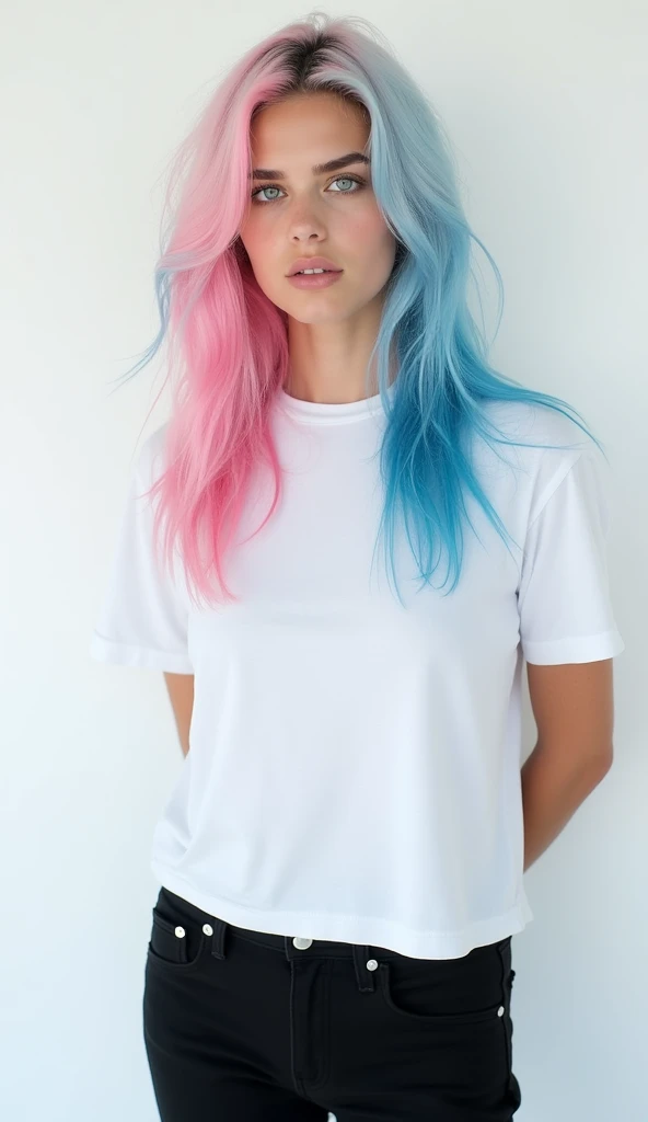 a medium-angle shot of a young woman stands against a stark white backdrop. She is dressed in a white t-shirt and black pants, her hair cascades over her shoulders. Her eyes are a piercing blue, adding a pop of color to her face. Her hair is a vibrant shade of pink and blue, while her lips are pink. Her hands are clasped back of her, adding texture to the composition.