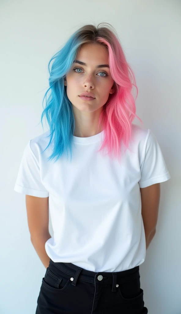 a medium-angle shot of a young woman stands against a stark white backdrop. She is dressed in a white t-shirt and black pants, her hair cascades over her shoulders. Her eyes are a piercing blue, adding a pop of color to her face. Her hair is a vibrant shade of pink and blue, while her lips are pink. Her hands are clasped back of her, adding texture to the composition.