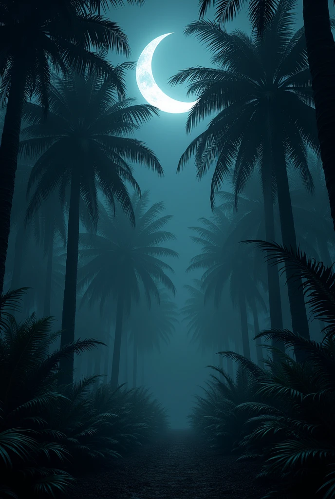 A dense forest filled with Areca palm
Plant,shrouded in darkness. The only source of light is the faint glow of a crescent moon, casting dim, silvery hues on the leaves and ground. The atmosphere is eerie and mysterious, with deep shadows blending into the inky blackness. The overall tone is dark, moody, and foreboding, creating a sense of isolation and quiet suspense in the still night.