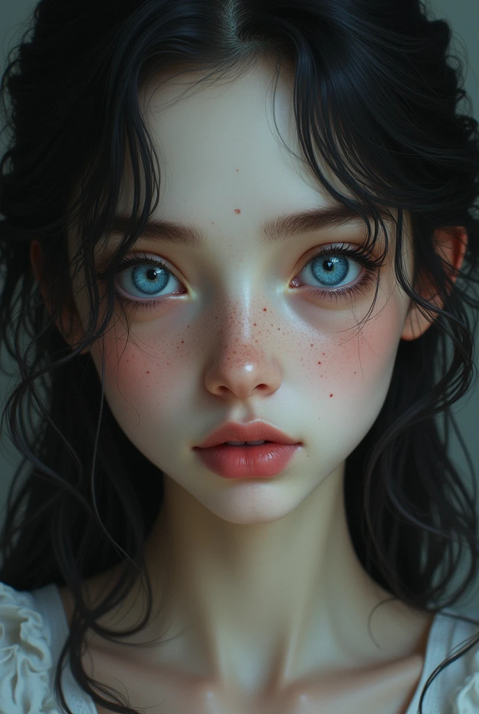  girl, dark long hair, deep blue eyes, have freckles,