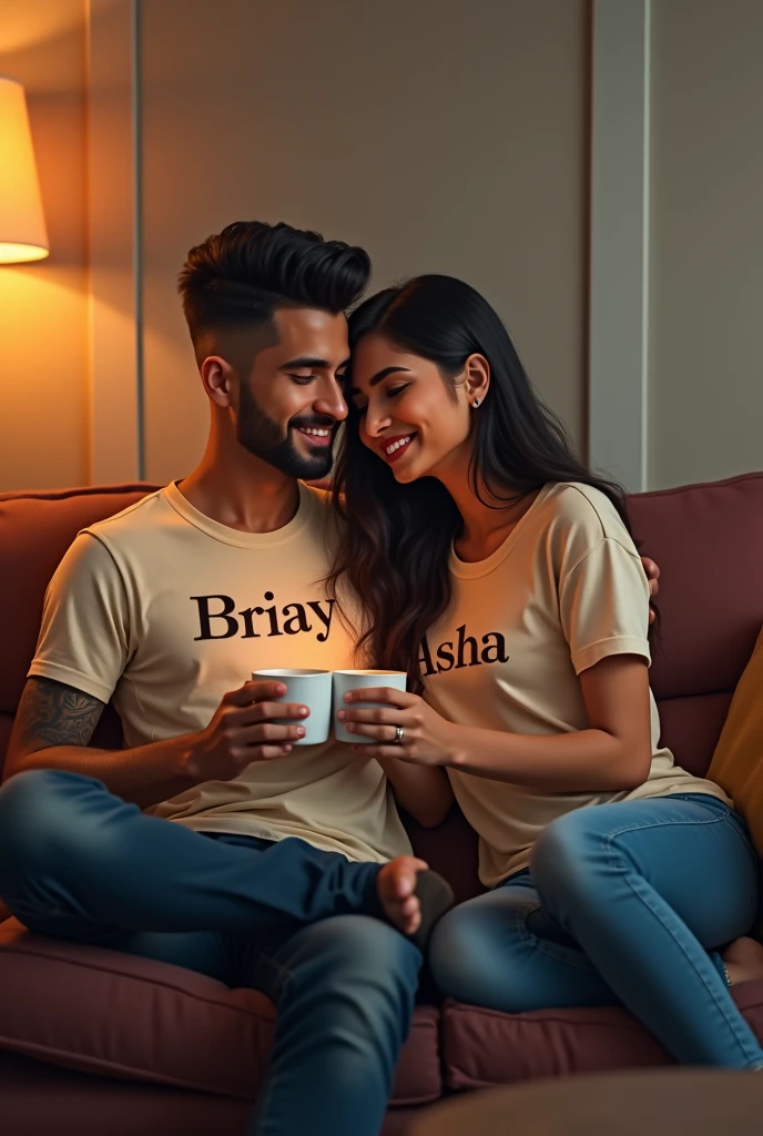 (photoanimation1.2) Husband and wife sitting on sofa and drinking coffee together. Husband name is Bijay. Husband name is printed on the front side of his t-shirt. Wife name is Asha. Wife name is printed on the front of her t-shirt. Bijay hairstyle is skin fade.