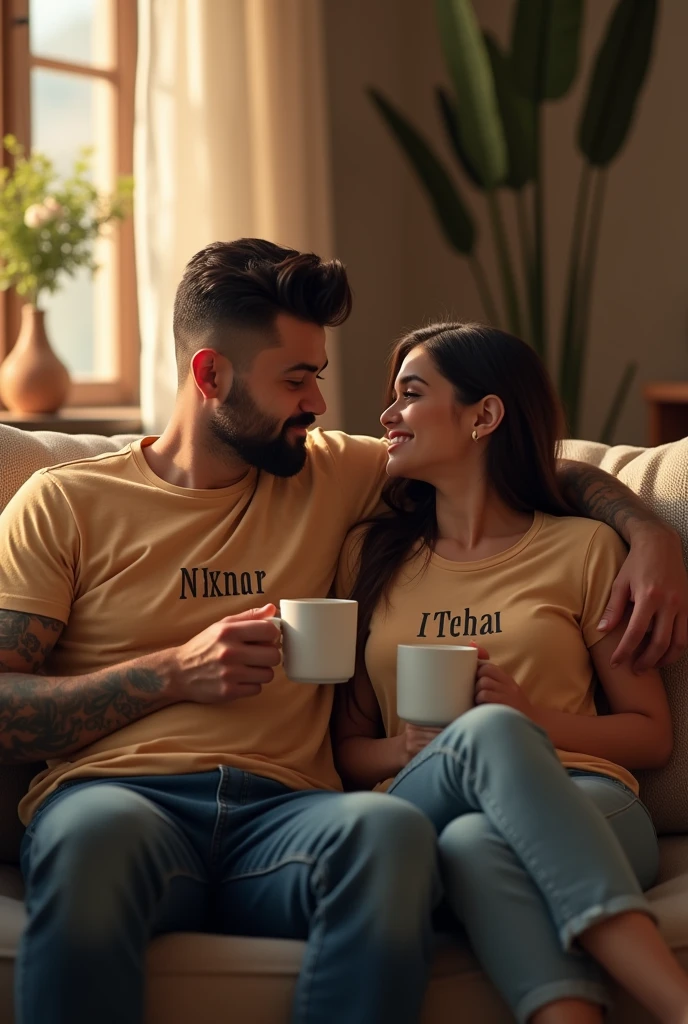 (photoanimation1.2) Husband and wife sitting on sofa and drinking coffee together. Husband name is Bijay. Husband name is printed on the front side of his t-shirt. Wife name is Asha. Wife name is printed on the front of her t-shirt. Bijay hairstyle is skin fade.