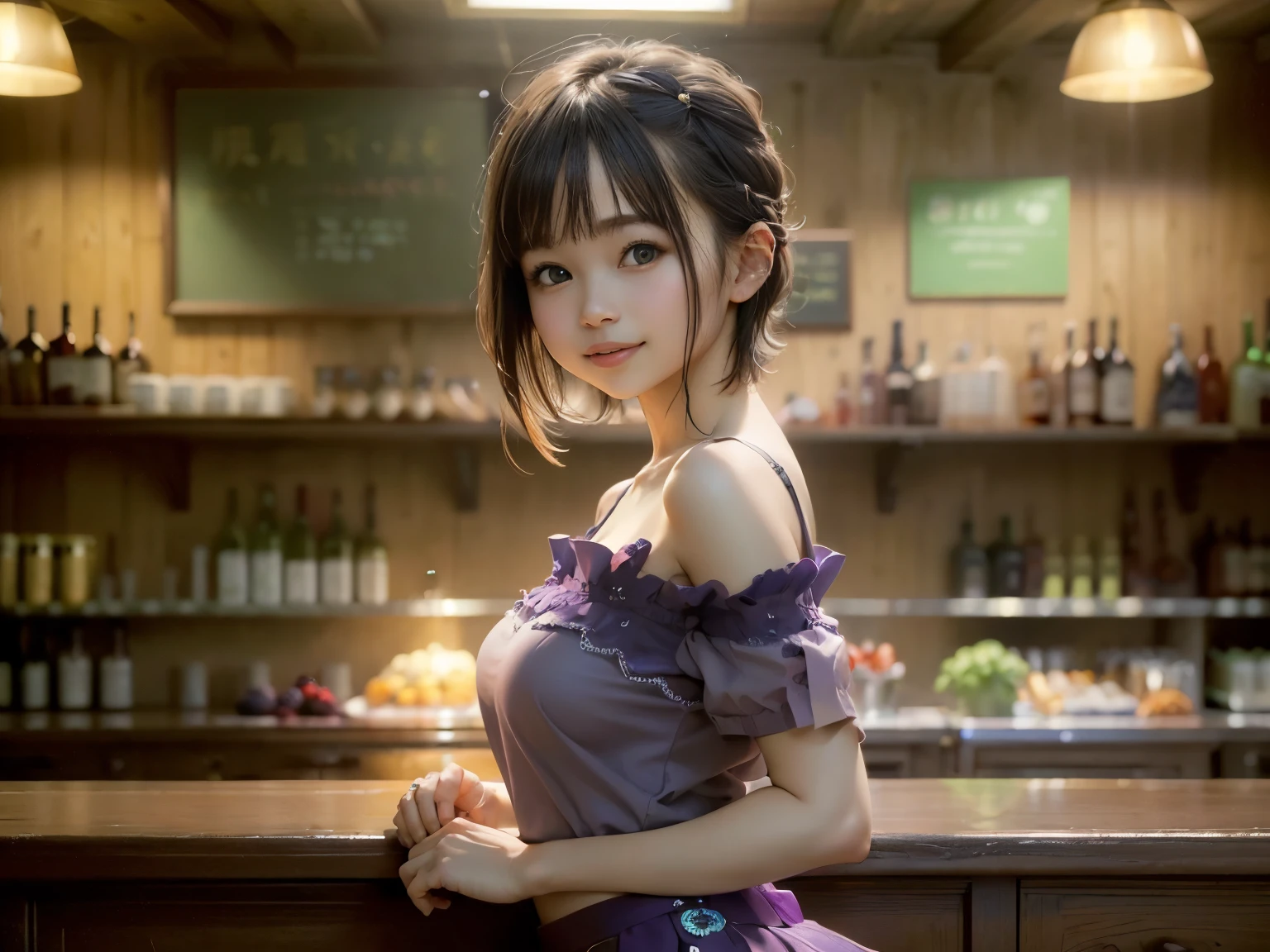 (Highest quality, masterpiece, Ultra-high resolution, 8k, RAW Photos, Realistic, Anatomically correct:1.5), 20-year-old girl:1.2, Embarrassing, avert your eyes, blush:1.0, View Viewer, ((bar)) 、Large windows、Night view、 Light:1.2, Bokeh, Cinema Lighting:1.0, Depth of written boundary, sharp、 Cute Face、Idol、(Black short sleeve lace top)、(Black tulle skirt)、(Purple clothes)、(Green patterned clothes)、”dwarf”、(Full Body Shot)、(Side angle)、Cowboy Shot、( smile)、((Ultra short hair、Berry Short))、(Straight bangs)、((See-through))、(( One woman))、look back、I can see your belly button、
