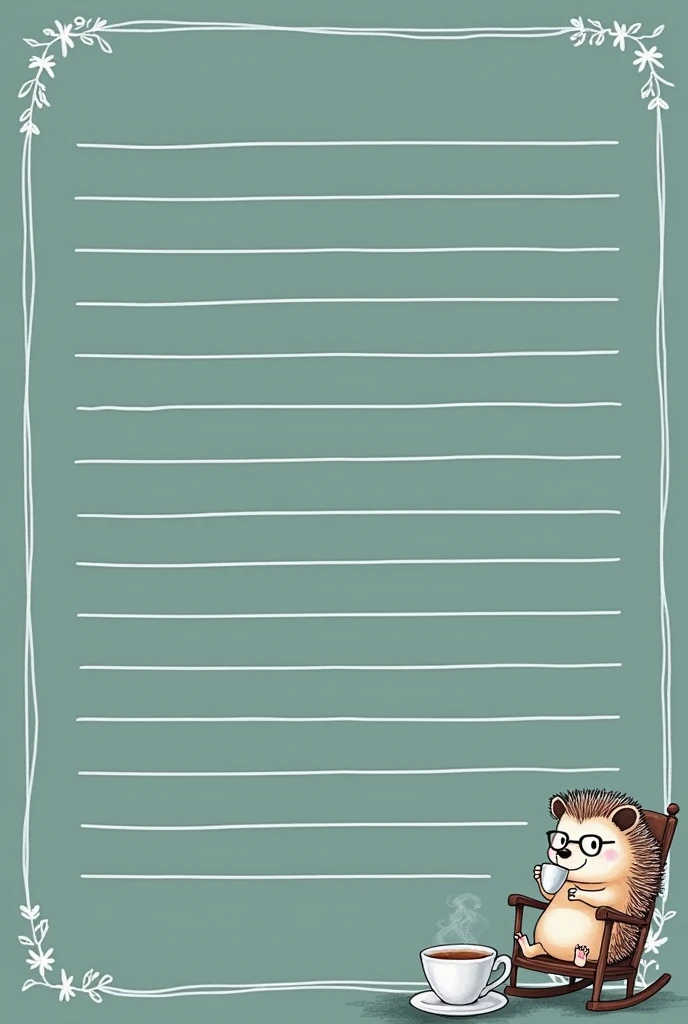 4 separate and different A5 lined sheets of white stationery. Black lines for writing should be centered, spaced evenly, and horizontally. Create a small tiny watercolor corner image of A hedgehog sitting on a rocking chair, Sipping on a cup of tea. A hedgehog is wearing glasses. Place small corner image at the very bottom edge right-hand corner. Different poses for each sheet. Dark minty colored background.