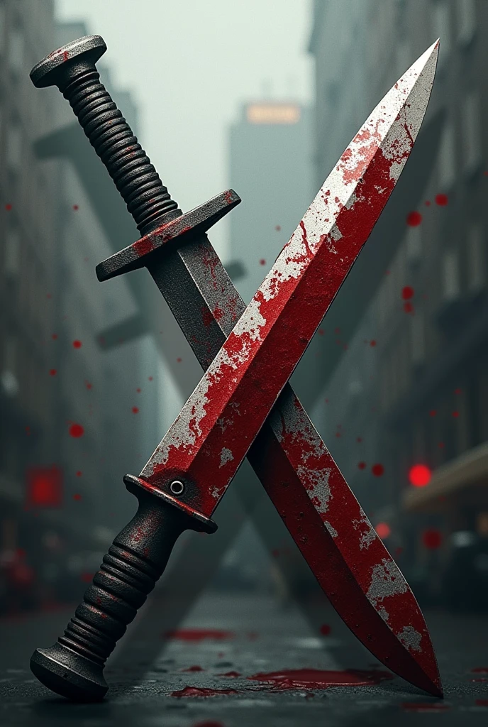 Header design: A blood-stained jet-black dagger and a blood-stained white shotgun. The background is a city with lots of blood stains.