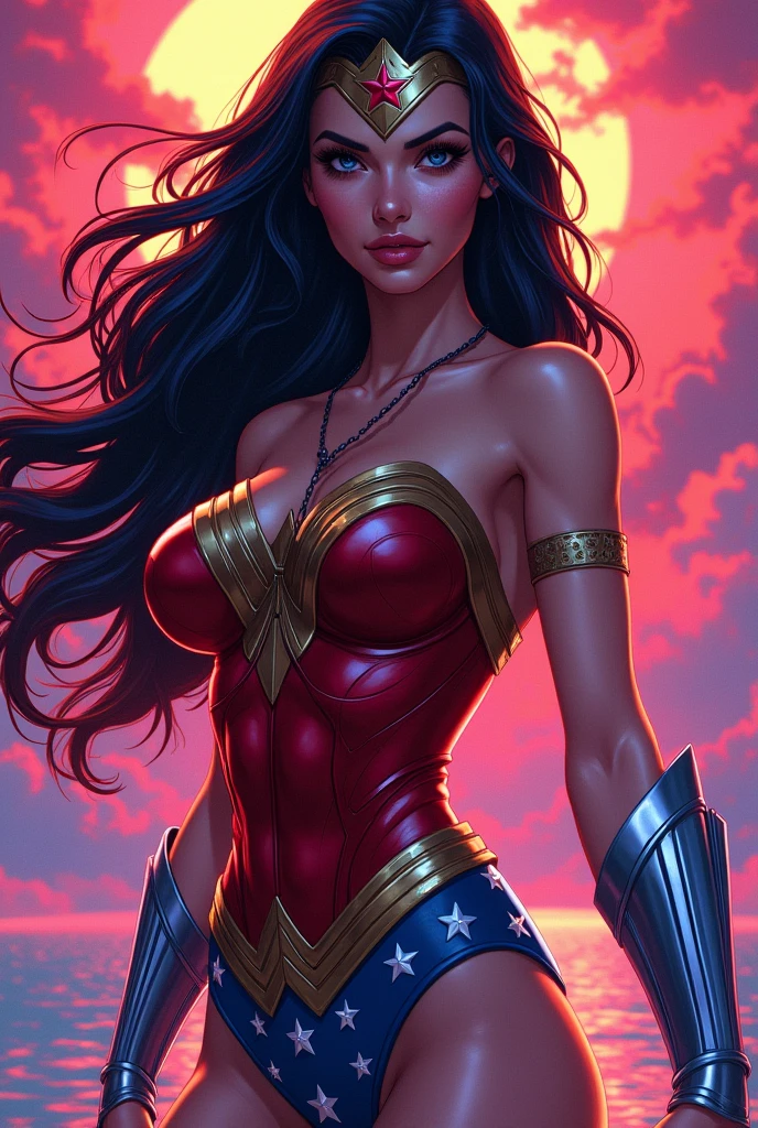 Half-body picture(Masterpiece:1.2),(Highest quality),(Superb details),(Ultra high resolution),(best illustrations),8ก,Wallpaper,(1 female),whole body,(Illustration of a woman,Wonder Woman, sexy, big breasts,Hallucination,neon colors,vector art,Surface is a layer,Cutting-edge and pop, But the illustrations are relaxing.)