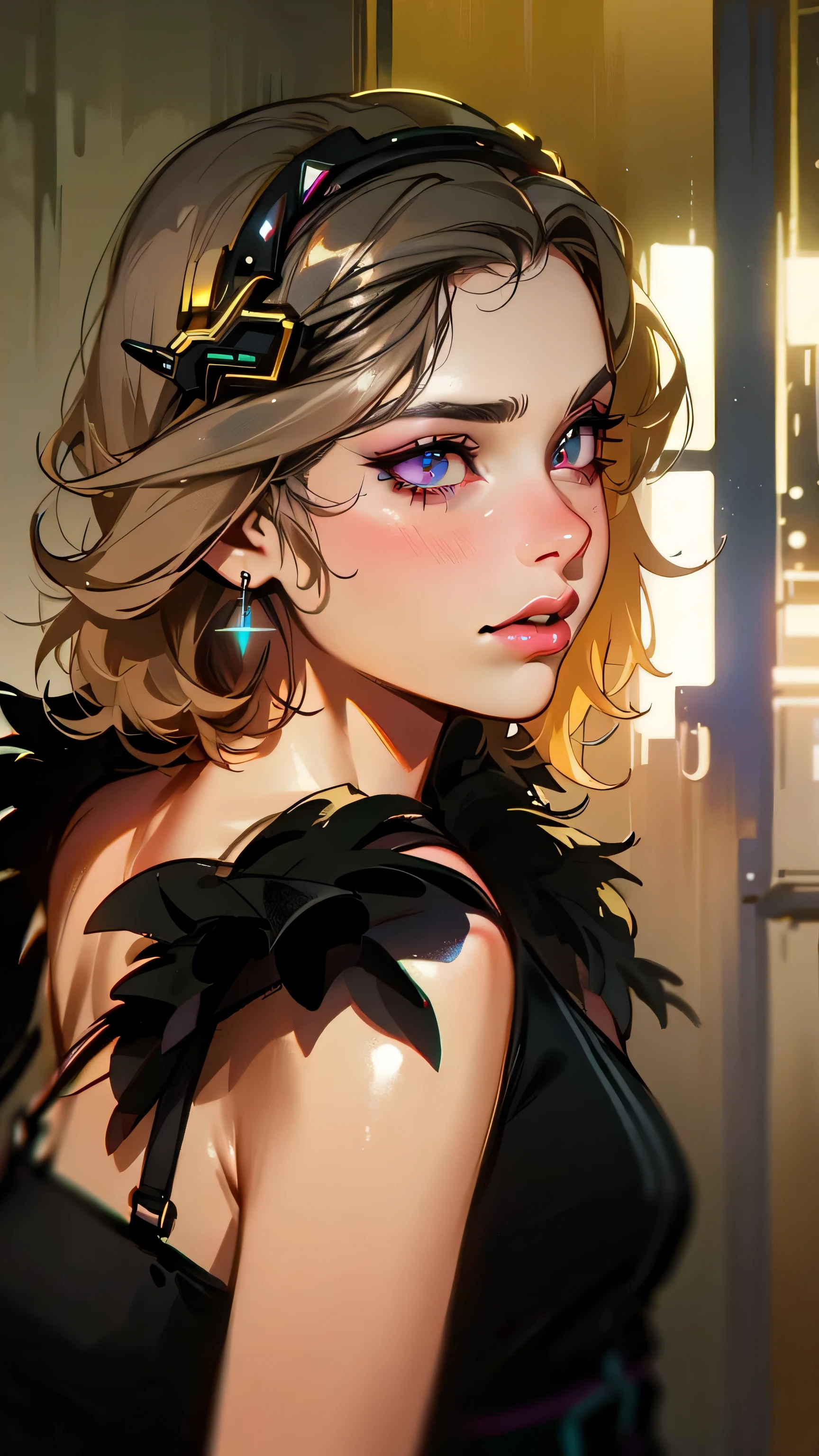 a close up of a woman with a black dress and feathered dress, yelena belova, sofya emelenko, anastasia ovchinnikova, dasha taran, alina ivanchenko, photo portrait, angelina stroganova, ekaterina, irina nordsol kuzmina, style of julia razumova, anna nikonovaHD, (Best Detail), (Best Quality), colorful, cyberpunk, neon, beautiful lights, purple reflections,