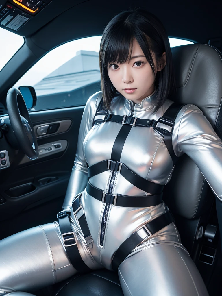 Japanese female android,Silver shiny robot suit,Wide-legged squats,Black Hair,Space capsule,I was completely strapped to my seat in the cockpit with a thick harness and couldn't move.,universe space