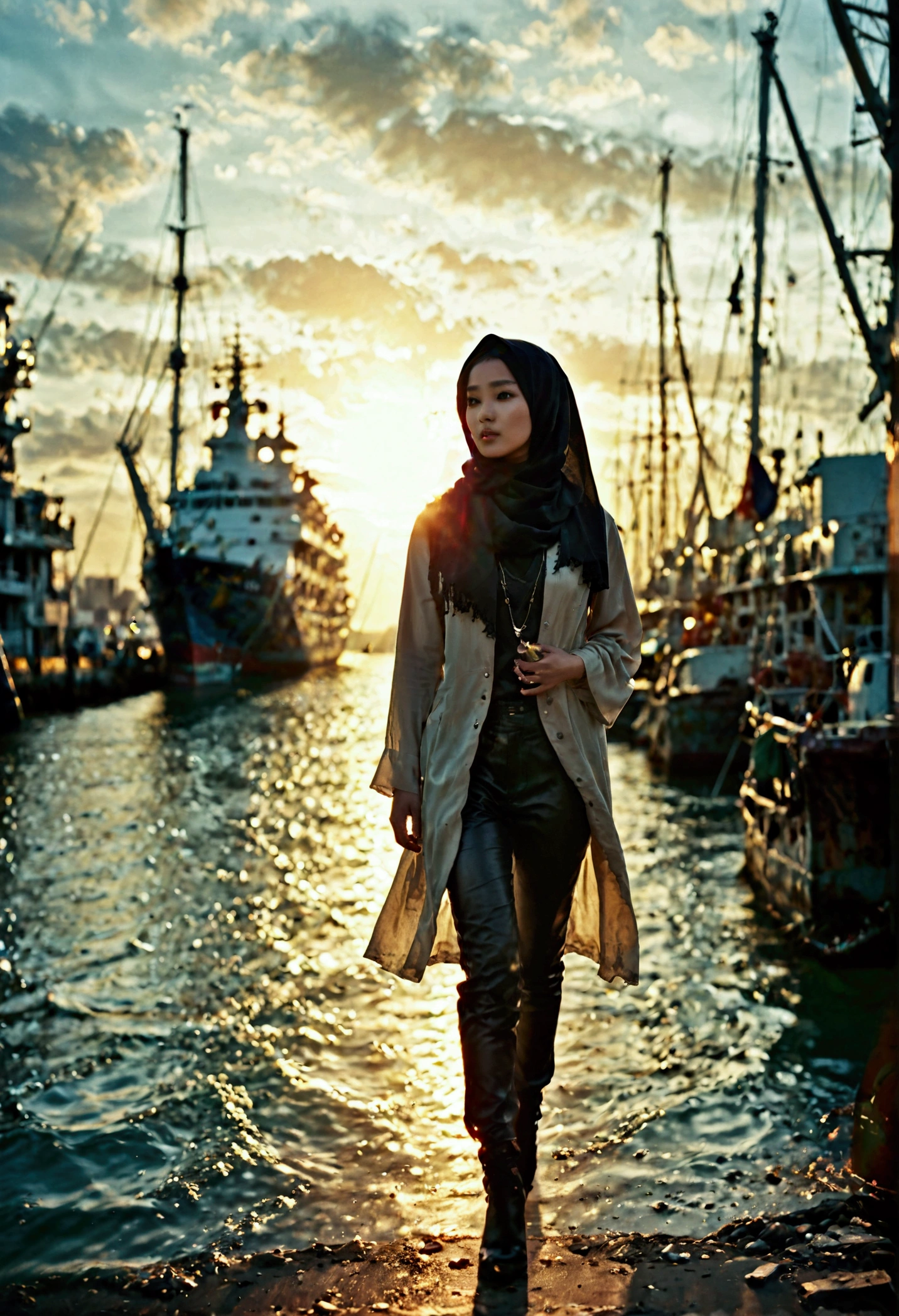 A cinematic medium shot of a Korean fashion model wearing a hijab walking along the harbor. She is dressed in a casual yetstylish outfit, wearing a worn-out tunic style hijab, black leather pants, and a pair of trendy high heels. The background features a picturesque view of the harbor, with Giant cruise ship gently rocking on the water and the sun setting on the horizon, casting a warm golden light on the scene. Seagulls are flying gracefully around her.