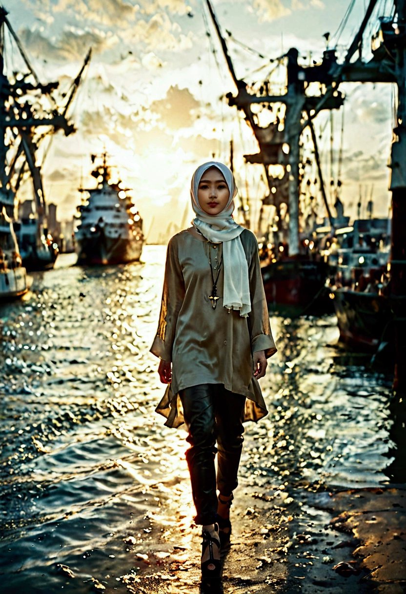 A cinematic medium shot of a Korean fashion model wearing a hijab walking along the harbor. She is dressed in a casual yetstylish outfit, wearing a worn-out tunic style hijab, black leather pants, and a pair of trendy high heels. The background features a picturesque view of the harbor, with Giant cruise ship gently rocking on the water and the sun setting on the horizon, casting a warm golden light on the scene. Seagulls are flying gracefully around her.