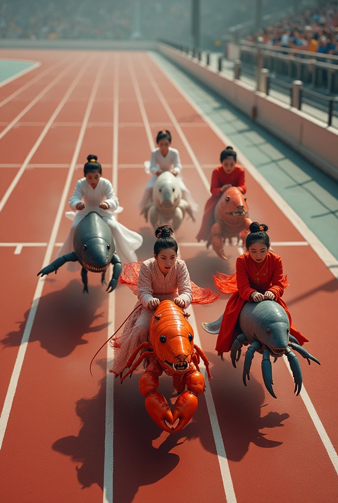 Drone photography
The drone overlooks the entire track and field from a high altitude. Five Chinese beauties dressed in classical costumes are riding different real seafoods in a fierce competition on the track. The first beauty rides a huge red lobster, and the lobster's long claws paddle on the track vigorously, sprinting forward; the second beauty rides a huge octopus, and the octopus's tentacles quickly wriggle on the track, close to the ground; the third beauty rides a giant crab, and the crab's claws are raised high, and the steps are fast and powerful; the fourth beauty rides a ferocious shark, and the shark's body slides on the ground, and the tail fin swings to drive it forward; the fifth beauty rides a swordfish, and the swordfish has a slender body, and its fins fly through the air like arrows. The seafoods ridden by the five beauties are running on the track at an amazing speed, forming a fierce racing competition.