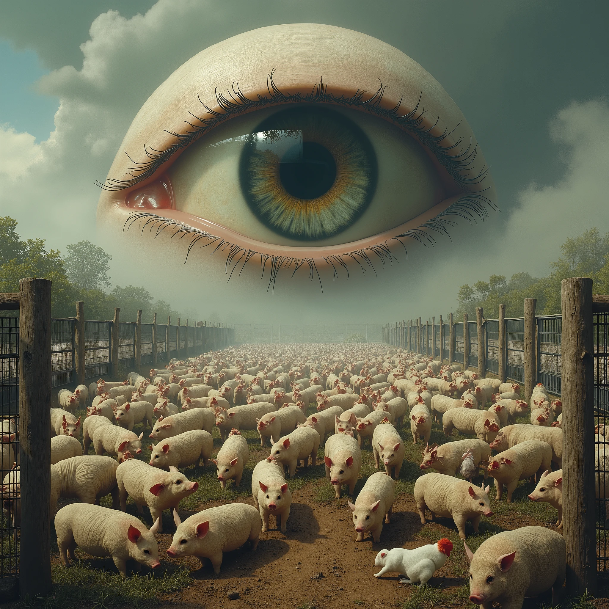 A dark and allegorical scene inspired by George Orwell's "Animal Farm." In the foreground, a group of farm animals—pigs, horses, sheep, and chickens—stand together in a dilapidated barnyard, their expressions a mix of fear, confusion, and defiance. At the center of the group, a pig dressed in human clothing, complete with a suit and hat, stands on two legs, holding a whip and looking down at the other animals with a sinister, authoritative gaze. The once idyllic farm is now bleak and oppressive, with broken fences, wilted crops, and a gloomy sky overhead. The windmill in the background is half-constructed, symbolizing false promises and the decay of the farm's original ideals. The entire scene is shrouded in an atmosphere of tyranny and betrayal, capturing the essence of power, corruption, and the loss of freedom.. [(Suspended in the air between scene and the viewer, a translucent, almost ghostly black message reads exactly: "ANIMAL FARM". The text appears as if it's floating, blurred at the edges, with the letters formed from a faint mist or white smoke that lingers in the space. The smoky words are readable, though not overly bright, hovering just in front of his gaze, creating a surreal yet powerful effect. Text exactly says: "ANIMAL FARM". They seem to be written in chalk. The text says: "ANIMAL FARM". semi-transparent text that reads 'ANIMAL FARM' in a dramatic, bold font. The text almost acts as a title, floating in the air, partially obscuring the scene but enhancing the overall tension and urgency of the moment)].