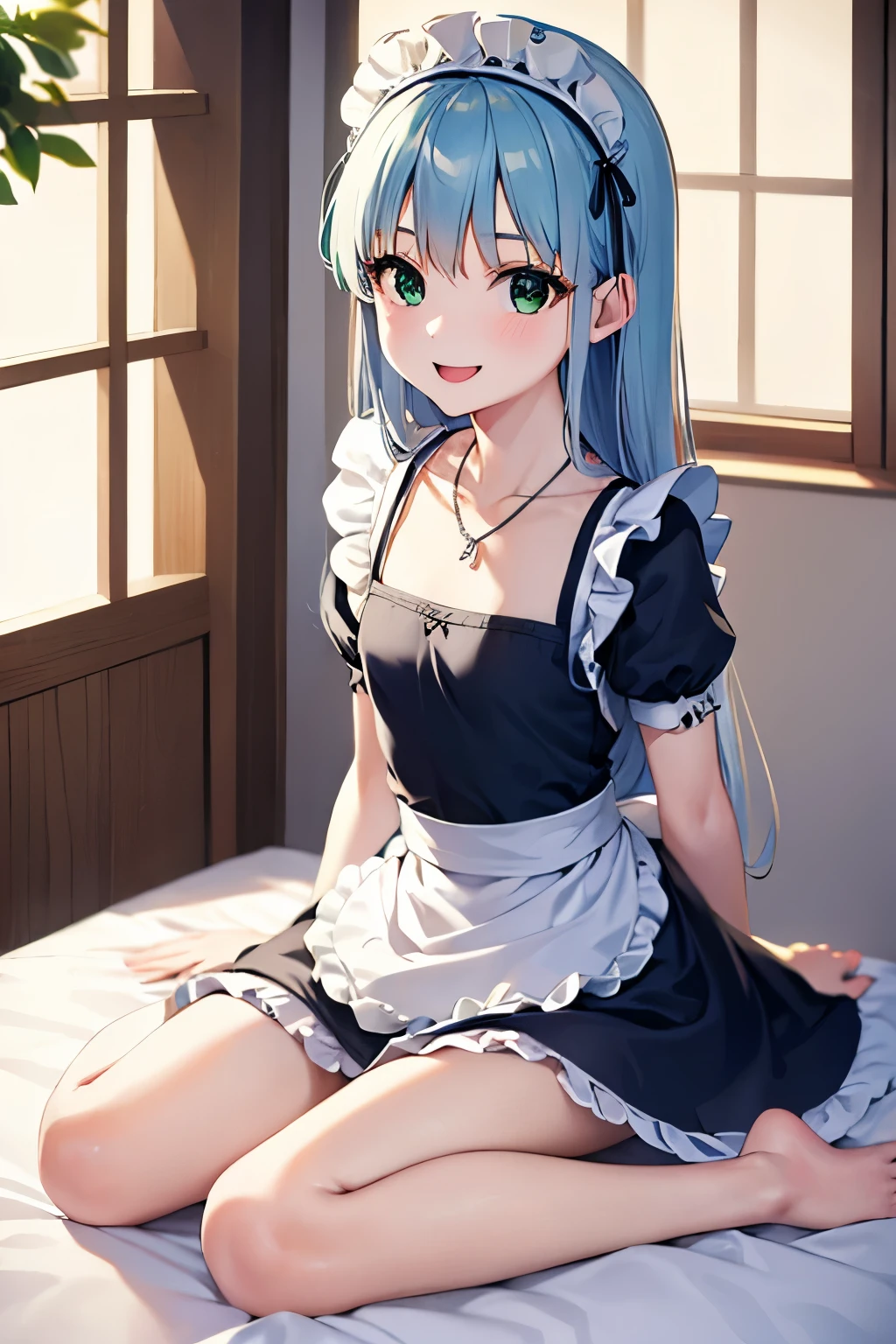 Long silver hair, green eyes, headband, necklace, small, maid dress, beautiful thighs, smile, happy, inside house
