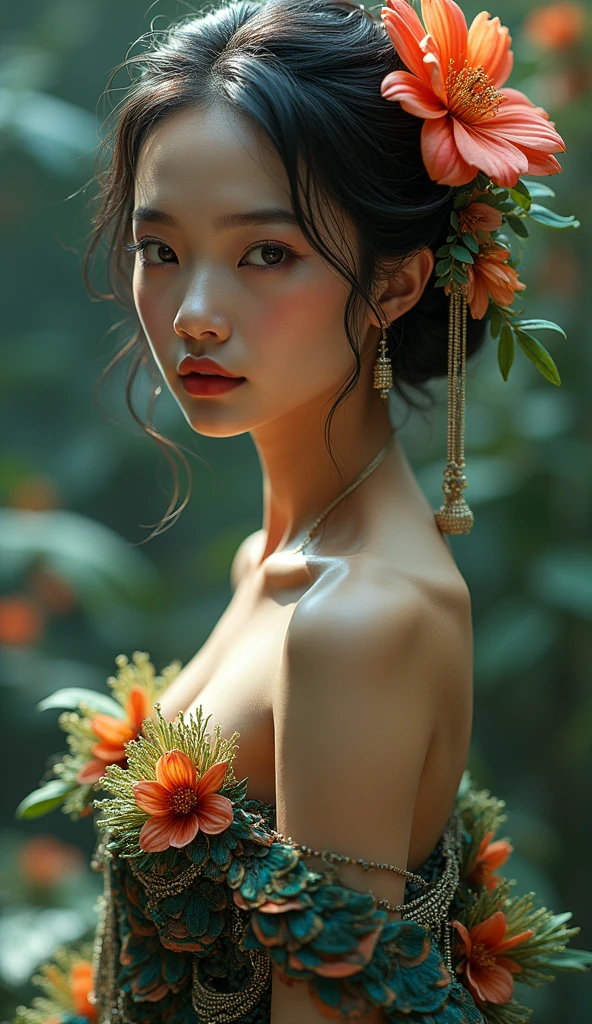 a beautiful woman, realistic detailed face, beautiful detailed eyes, beautiful detailed lips, extremely detailed face, detailed flower on her back, detailed flower in her hair, peacock tail, peacock feet, Thai legend style, hyperrealistic, 8k, high quality, masterpiece, photorealistic, professional, vibrant colors, dramatic lighting, cinematic composition