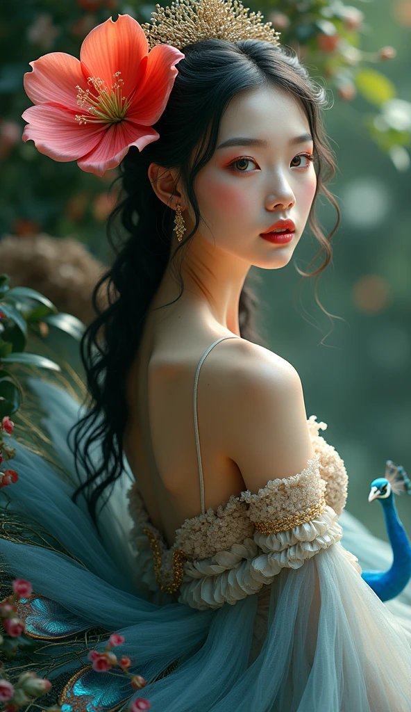 a beautiful woman, realistic detailed face, beautiful detailed eyes, beautiful detailed lips, extremely detailed face, detailed flower on her back, detailed flower in her hair, peacock tail, peacock feet, Thai legend style, hyperrealistic, 8k, high quality, masterpiece, photorealistic, professional, vibrant colors, dramatic lighting, cinematic composition