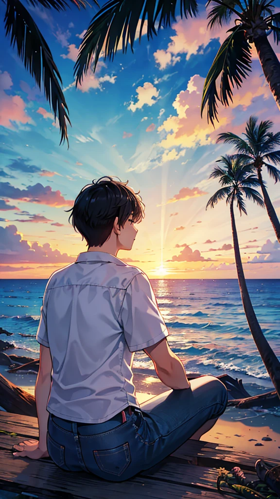 Highest quality、Back view of a young man looking at the sea、Hawaii、Palm tree、Sunset、cloud、Wearing an Aloha shirt、jeans、Sitting on a fallen tree、Black Hair、1 male