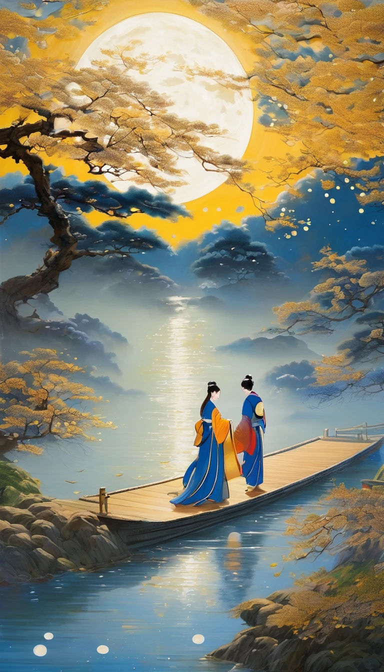 (((masterpiece)))、(((Highest quality)))、((Ultra-detailed))、(Awareness-raising)、((Very delicate and beautiful))、Bright smile、floating、Chestnut Hair、(Detailed light) (Man and woman couple)、Japanese、The wind is blowing、world、Painting of a river with stars and moon floating in the sky、Golden Moon。Big Moon、Starry sky environment under moonlight、Dream Painting