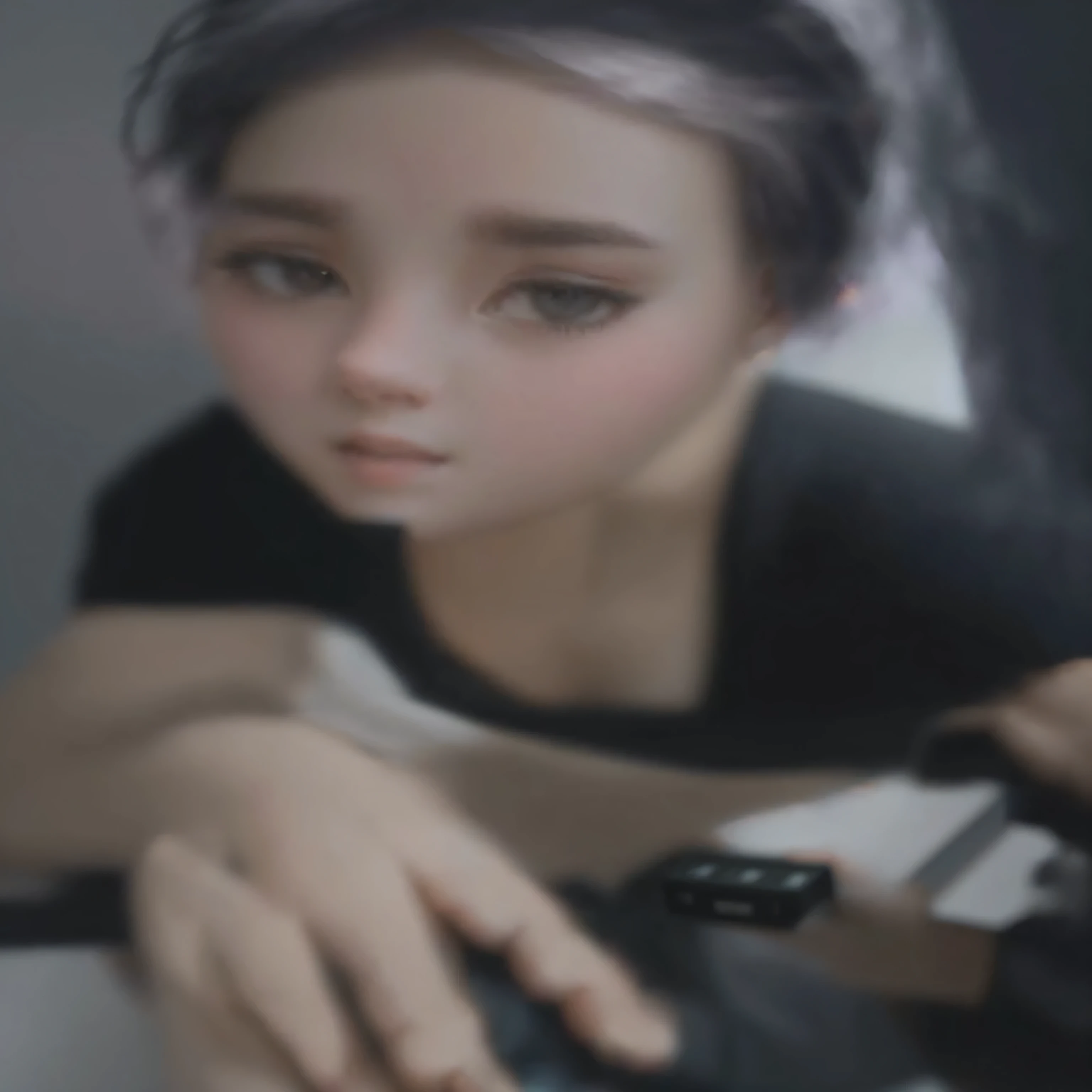 There is a woman holding a remote control in her hand, 1 8 is, my spirit, 1, granular high quality, very high quality, high quality photo, extremely high quality, her chest, Guwez, 2, 1 girl