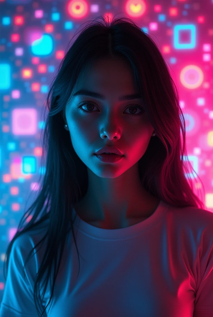 Memes, Digital Art, daughter, I'm obsessed with iPad, Serious, Straight Hair, Information flow, abstract pattern, psychedelic, Neon color, Glitch Art, Cinema Lighting, Super detailed, 8k, Volumetric, Ray Tracing, Studio Lighting, Vibrant colors, psychedelic elements, Viral content, Social Media, Cultural phenomenon