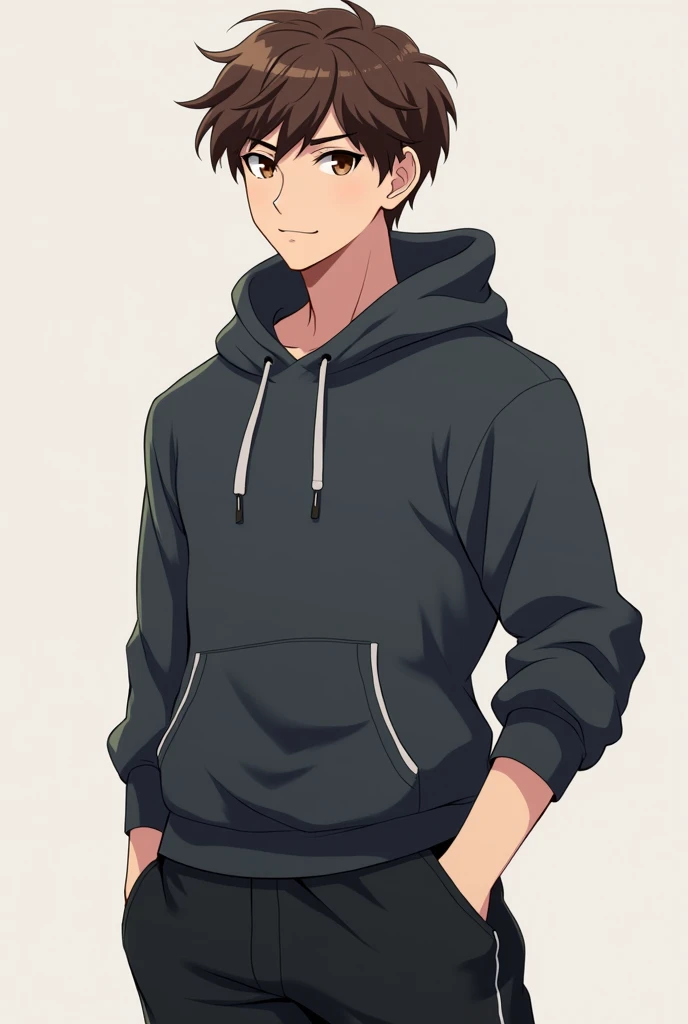 Anime, boy, teenager boy, handsome, cute, athletic muscular, brown hair, white skin, dark grey hoodie, black jogger pants, full body