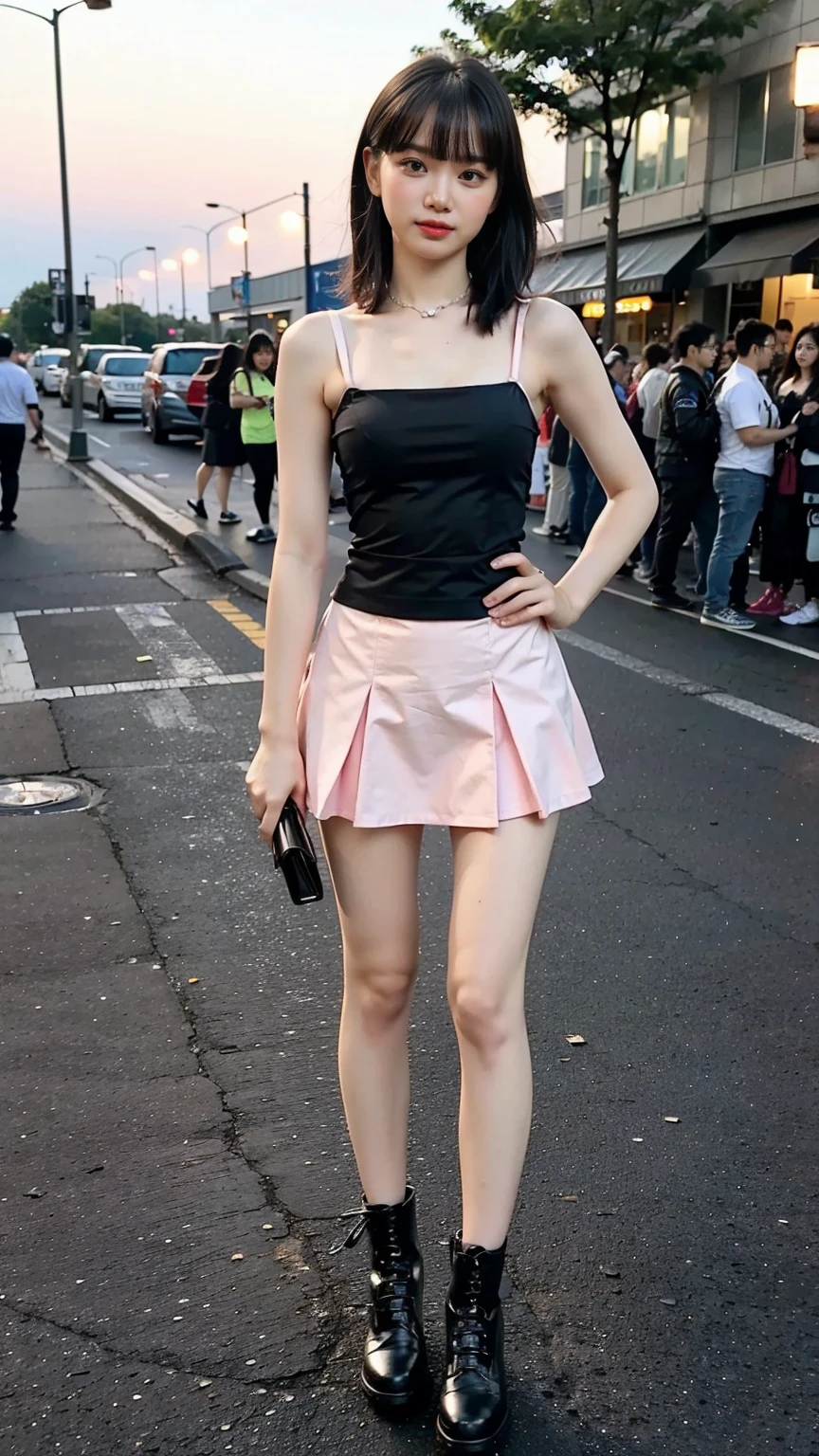 (8k、RAW Photos、Highest quality、masterpiece:1.2)、(Realistic、Realistic)、1 person、((Pink and black、Medium Hair、Garter Ring、mini skirt、Thin legs、whole body、boots、View from the front、Looking into the camera、Night Park、Stand with hands on hips))、cute