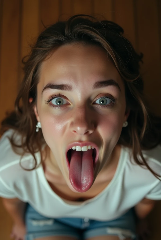 Emma bugg tongue out saliva dripping down,top down POV on the sitting on the floor with her mouth open