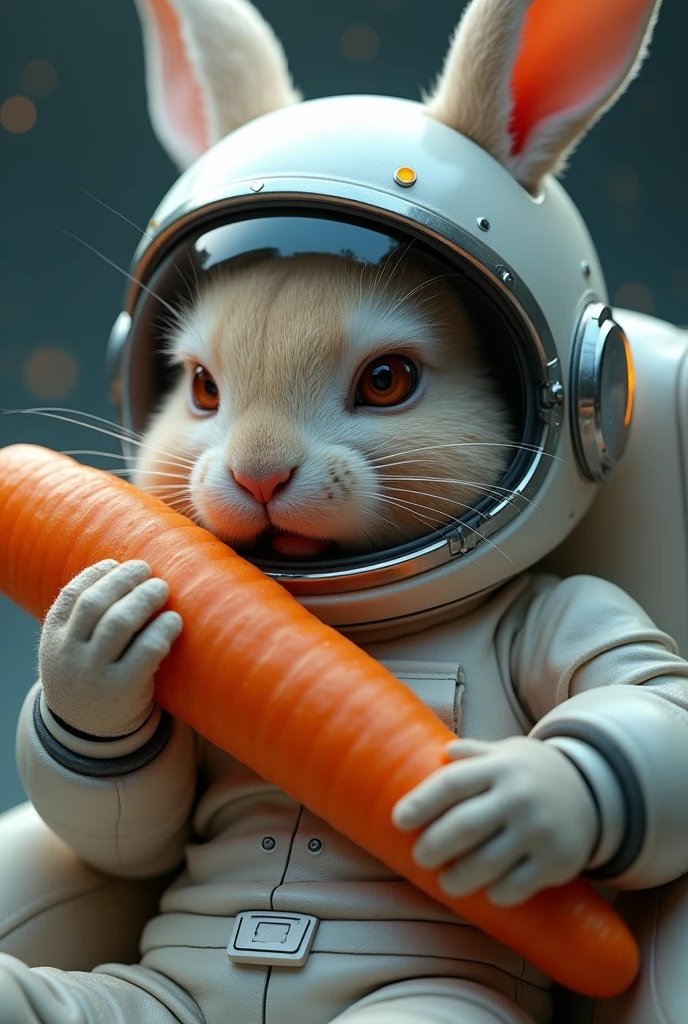 Angry 
Bunny rabit with space mask and eating carrot with lie down position
