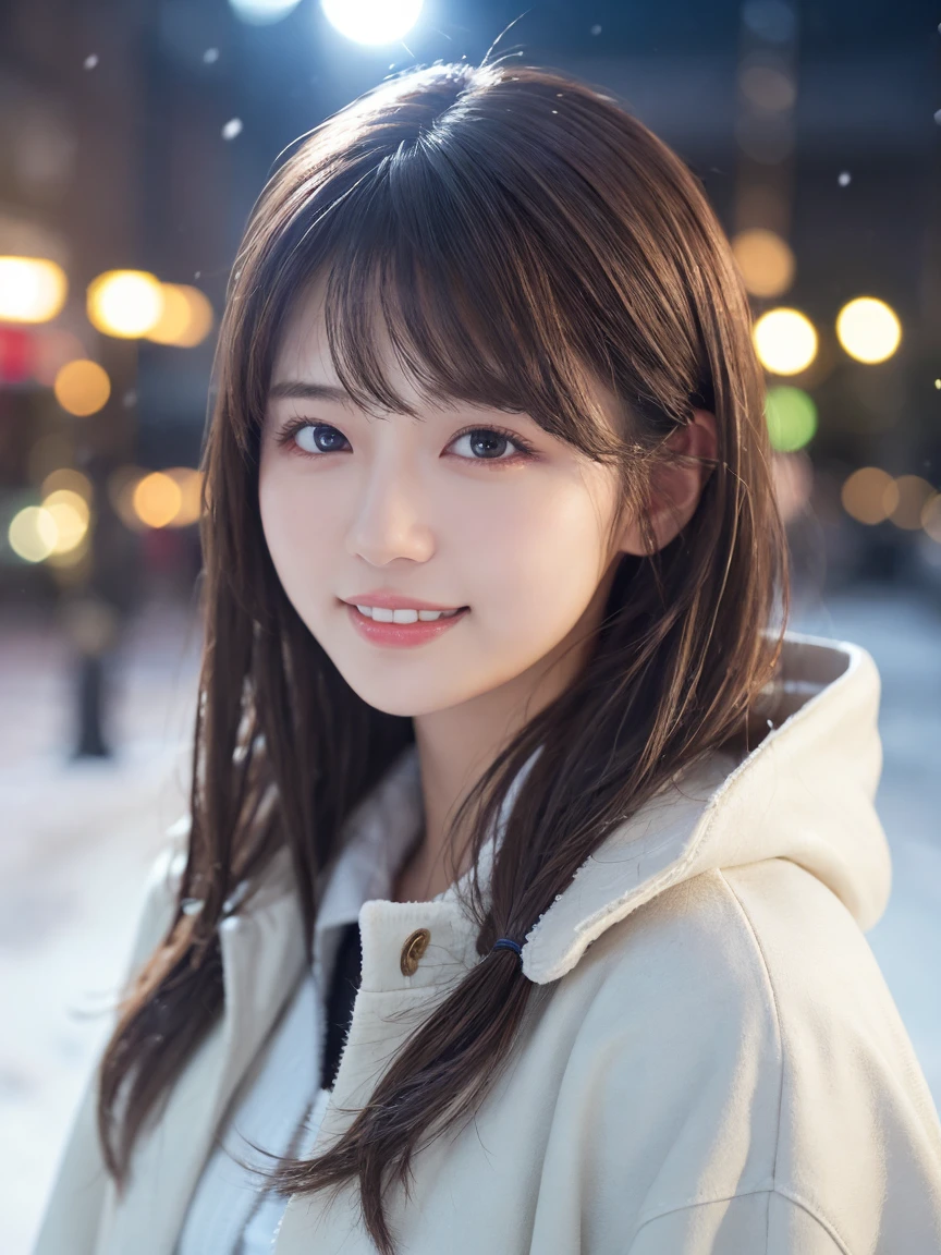 1 girl, (Wear a platinum coat:1.2), (RAW Photos, Highest quality), (Realistic, Photorealistic:1.4), Tabletop, Very delicate and beautiful, Very detailed, 2k wallpaper, wonderful, finely, Very detailed CG Unity 8K 壁紙, Very detailedな, High resolution, Soft Light, Beautiful detailed girl, Very detailed目と顔, Beautiful and detailed nose, finelyて美しい目, Cinema Lighting, Illuminations that light up the city on a snowy night, Snow Scene, that&#39;it&#39;s snowing, 髪にit&#39;s snowing, Perfect Anatomy, Slender body, Was nervous, 
Straight semi-long hair, bangs, Looking at the audience, smile