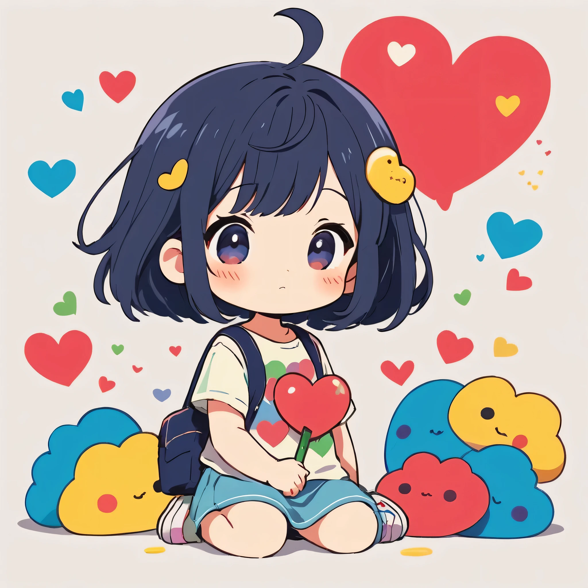 Makoto Shinkai colorful style, Simple Line Initialism,Abstract art,Kawaii Design, The most beautiful girl of all time、chibi, (((Cute pillbugs))), colorful hearts, summer version