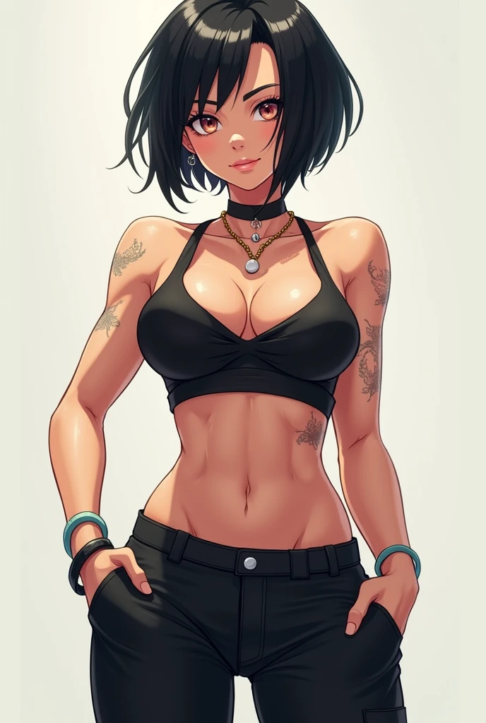 create a muscular woman, with short black hair, face and ear piercings, with a crop top and black pants in anime