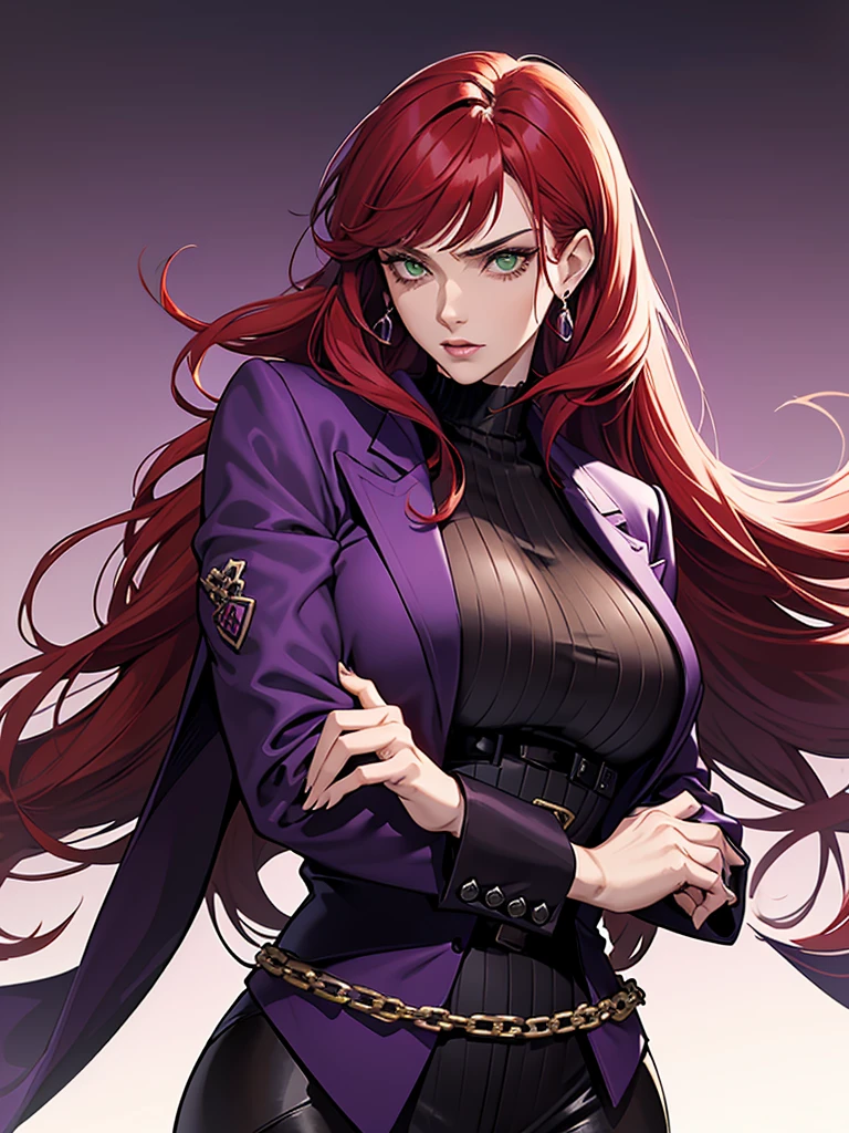 green eyes, red hair with long bangs, noble. ic women, wavy long hair. strong woman. purple jacket. she quiet. wear purple and black outfit. background in luxury mansion. dominaan. mafia. mature woman boss. badass woman. gangster
