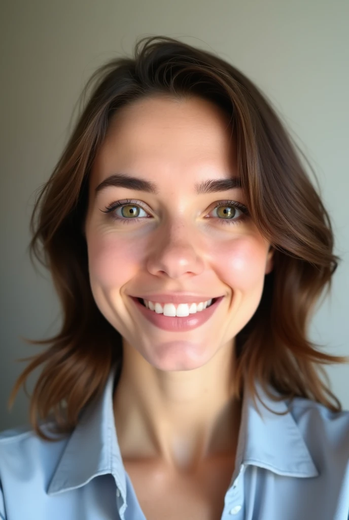 Generate a full face selfie of a 38 year lady with brown hair ready to go to work 