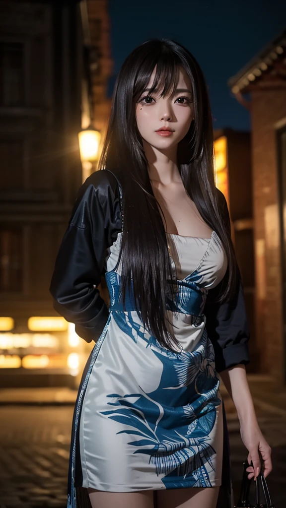 (masterpiece:1.2), (best quality:1.2), looking at viewer, (light smile:0.8), (lady|girl), (shiny skin:1.2), (depth of field:1.2), cinematic, (cowboy shot), medium breasts, outdoors, night, town, dress, wavy hair, long hair, side bang, fringe, black_theme