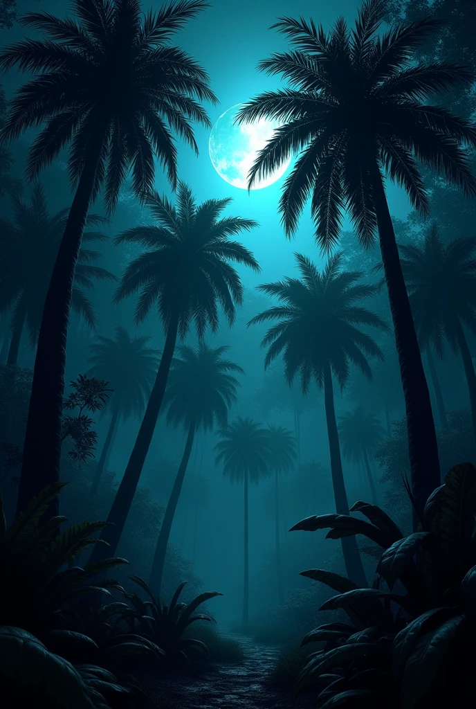 A dense forest filled with Areca palm
Plant,shrouded in darkness. The only source of light is the faint glow of a crescent moon, casting dim, silvery hues on the leaves and ground. The atmosphere is eerie and mysterious, with deep shadows blending into the inky blackness. The overall tone is dark, moody, and foreboding, creating a sense of isolation and quiet suspense in the still night.