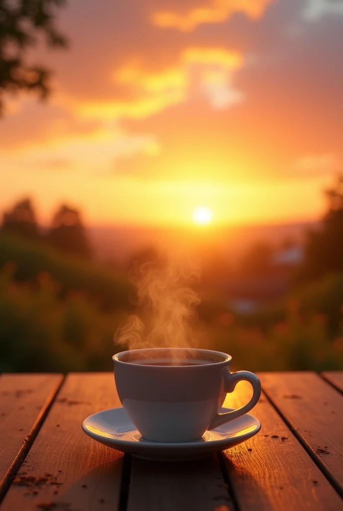 A mornings sky with sunrise. On a table there is a cup of hit coffee. A good morning picture to start the day.