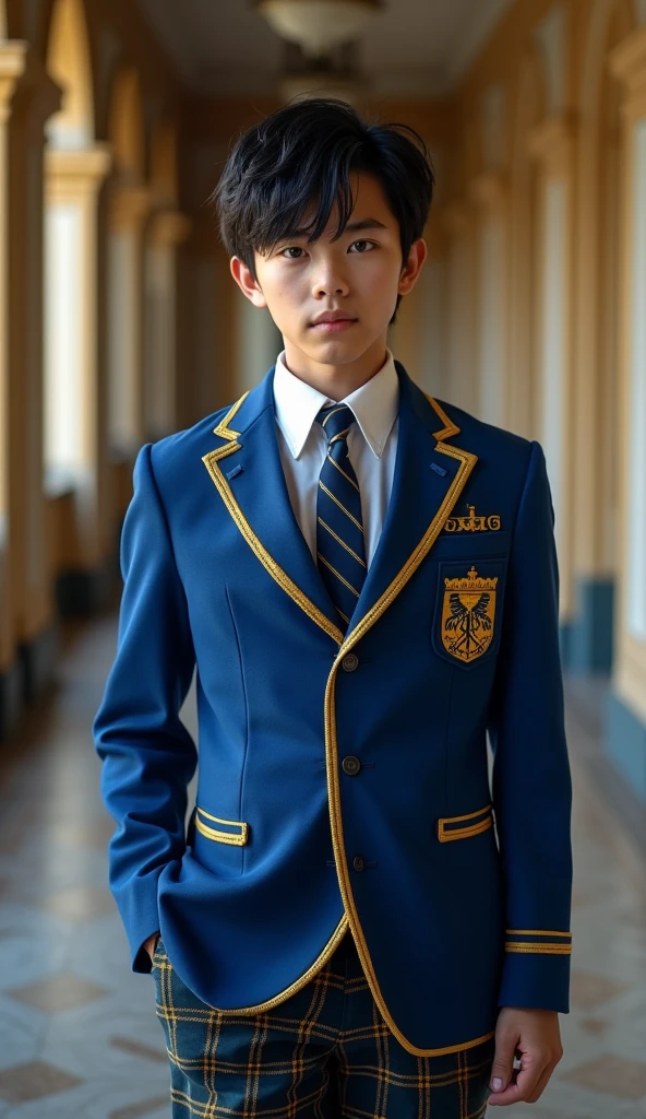 1 boy, full body shot (1.3),close up face shot (1.3), face shot, corridor,Soft Light, American Handsome, Dark-haired,short hair, Elité School golden gate background, American handsome boy, with slicked back with two ribelious locks cascading in his forehead ink black glossy hair, penetrating and sharp icy blue bright eyes, strsight nose nose, high nose bridge, well shaoed pink lips, chiselead and sharp favial features, sharp jawline, sculpted and proportioned body, tall standing at 6’8, full body image, realistic, photorealistic, ultradetailed, skin texture, hyperealismHigh Resolution, Closed Mouth, highly detailed, high resolution 8K, wearing a school uniform with a royal blue jacket with golden edges, a white shirt, a royal blue and golden plaid pants, a tie royal blue and golden hanged in the collar of the shirt, sewed in the jacket the emblem of the school in golden threads a crown with in capital letters SRH, 18-years-old