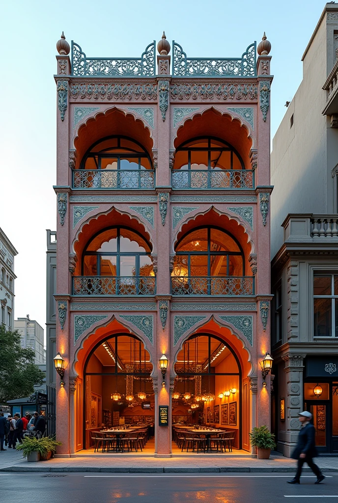 Fast food outdoor design in the city of Tehran, Iran, with a cold climate, in 3 floor ,in the style of merroco architecture

