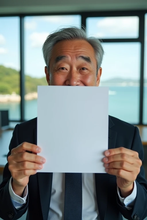 A 40-year-old Japanese office worker looks into the camera. Uncle smiled brightly, holding a job application with a photo covering more than half of his face. His eyes lit up with humor. . Behind him is the office scene with a window view overlooking the park next to the sea.. Real person photo. Zoom close up.