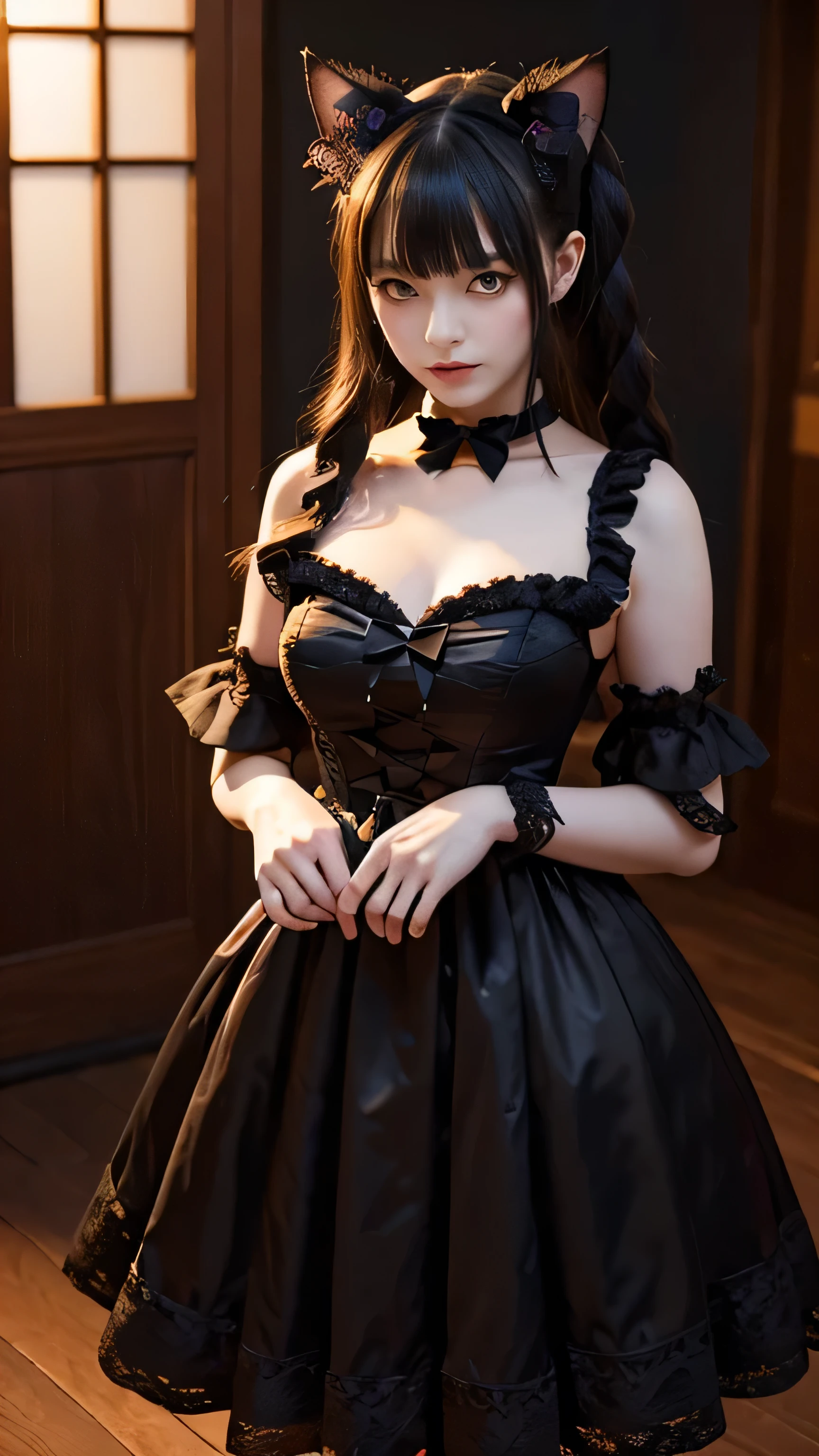 Prompt: Create an ultra-realistic 8K image of a Bakeneko, the mythical shape-shifting cat spirit from Japanese folklore, reimagined as the ultimate Gothic Lolita character while retaining the creature's iconic features. The Bakeneko is depicted as an elegant young woman with pale, glowing skin and long, jet-black hair, adorned with lace ribbons. Her cat-like crimson eyes and subtle, pointed ears add a supernatural touch to her refined appearance.

She wears an intricate black lace dress with ruffles, bows, and a high collar, accentuating her slender figure. A long, sleek cat tail wrapped in a ribbon curls behind her. The background is a dark, Victorian-style room with flickering candlelight, enhancing the Gothic atmosphere.

This image blends the Gothic Lolita aesthetic with the mysterious allure of the Bakeneko, creating a hauntingly beautiful figure.