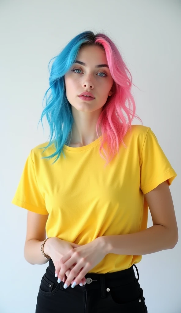 a medium-angle shot of a young woman stands against a stark white backdrop. She is dressed in a yellow t-shirt and black pants, her hair cascades over her shoulders. Her eyes are a piercing blue, adding a pop of color to her face. Her hair is a vibrant shade of pink and blue, while her lips are pink. Her hands are clasped in front of her, adding texture to the composition.