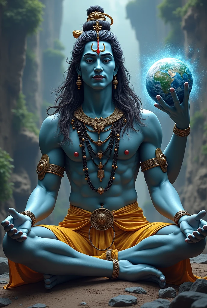 Shiva is sitting and holding earth in one hand and smiling