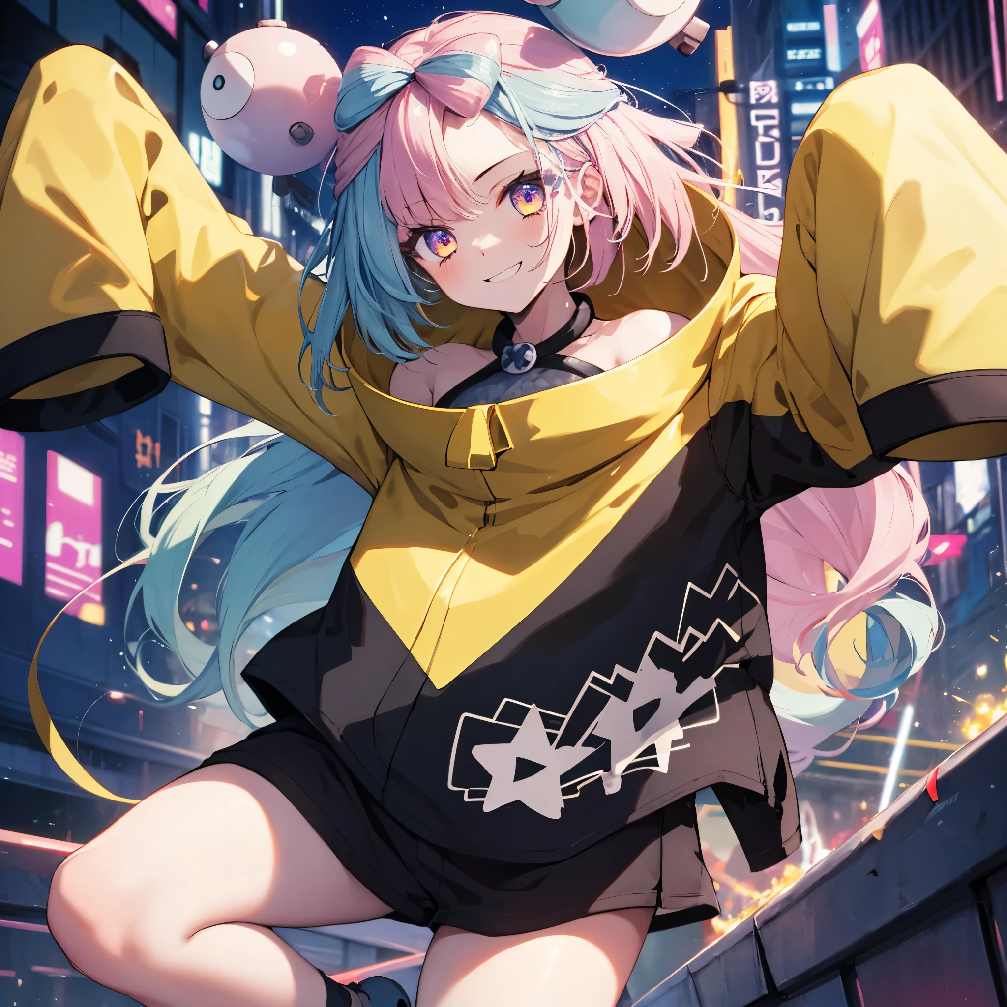 masterpiece, Highest quality, Perfect Face, Highest Resolution, Highest quality,Detailed depiction of the eyes, 8k, One Girl, Long Hair, Yellow Jacket, Long sleeve, hair ornaments, Future City, neon, laugh