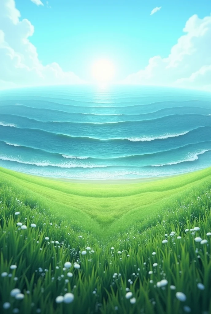 "Create a hyper-realistic landscape image of an ocean with dynamic waves moving forward approaching the The background should feature lush, expansive flat meadows with no mountains, stones, rocks, or other higher structure than ocean The sky should be a gradient of blue and aqua colors, with no sun or moon present. Ensure the scene evokes tranquility and natural beauty. No flowers except white . Greenery should be lower in the height of ocean .