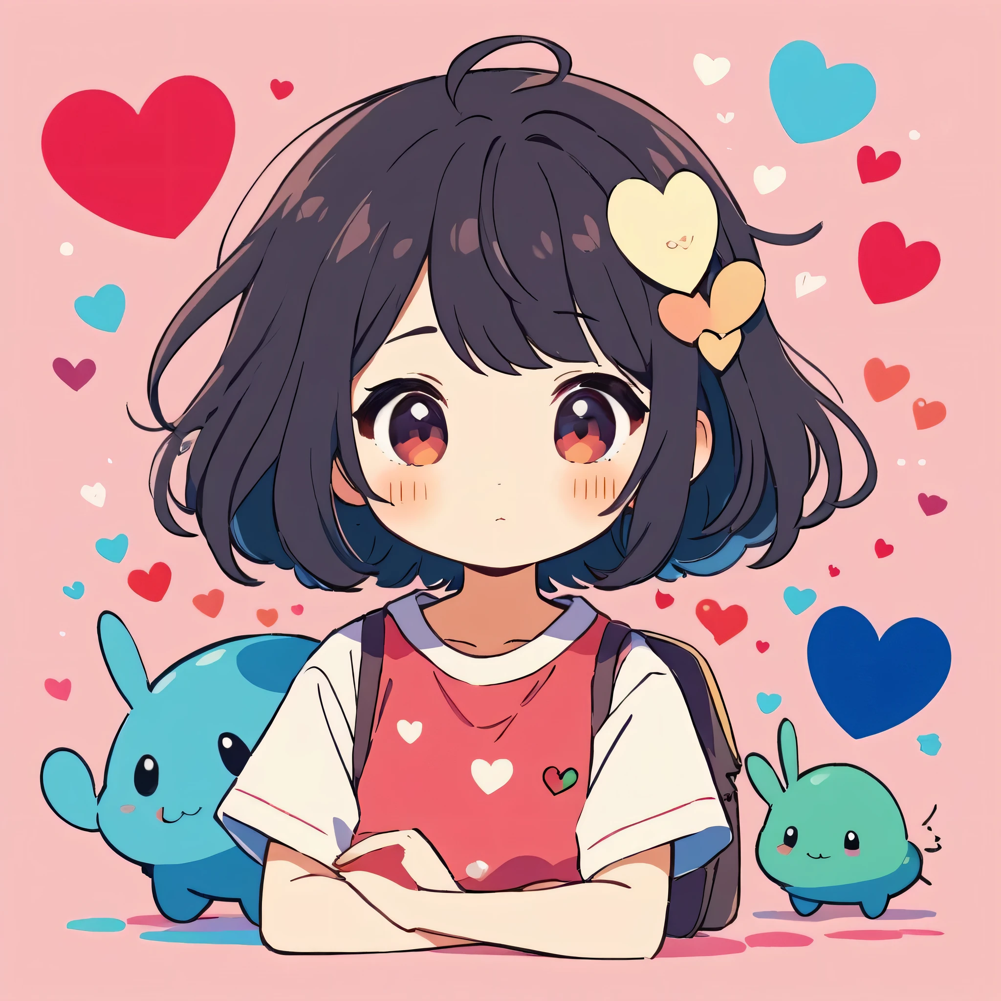 Makoto Shinkai colorful style, Simple Line Initialism，Abstract art，Kawaii Design, The most beautiful girl of all time、chibi, (((Cute pillbugs))), colorful hearts, summer version