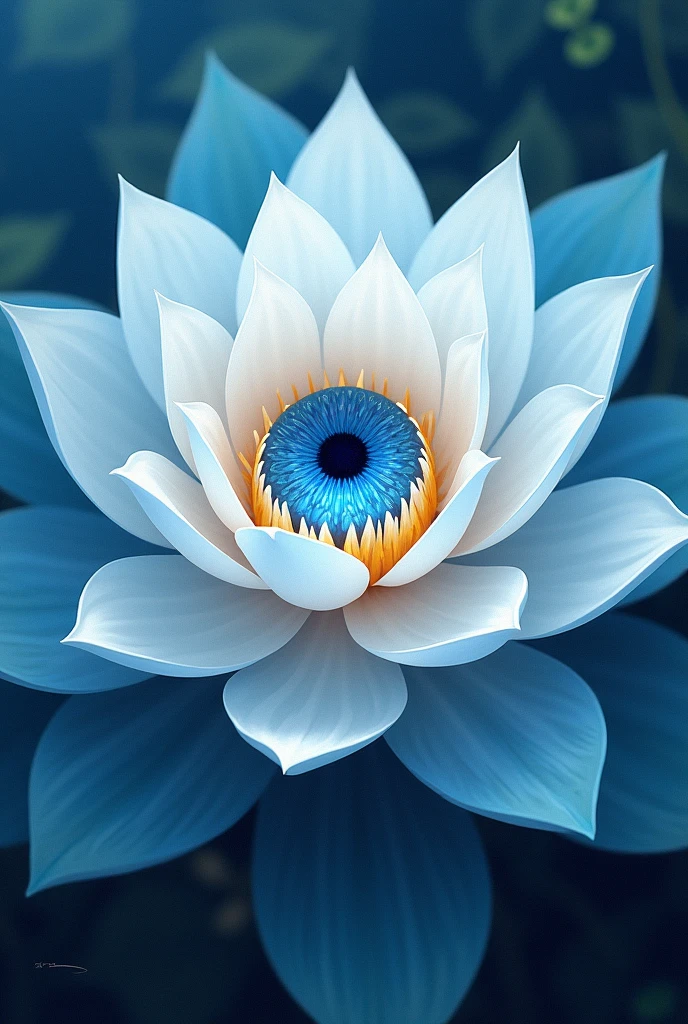 Make a lotus flower in white and blue with petals that open and close in an infinite cycle with an expressive and realistic male blue eye in the center