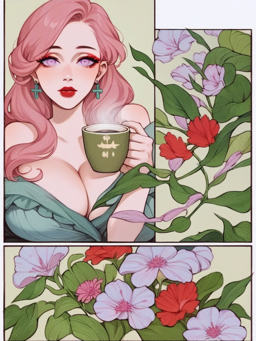 score_9, score_8_up, score_7_up, score_6_up,  p4n3ls, 1girl, coffee, flowers, long hair, panels, White skin, looking at viewer, doe eyes, Exquisite eyes,Red Eyeshadow, Red lips, Ukiyo-e, masterpiece, high quality, at the lowest limit, Tiny,White boots，Huge breasts，Bare shoulders, Hair color (light lilac)short, lavender eye color, a small cross earring in the left ear, tokyo revengers the nickname twin dragon, aesthetic panels