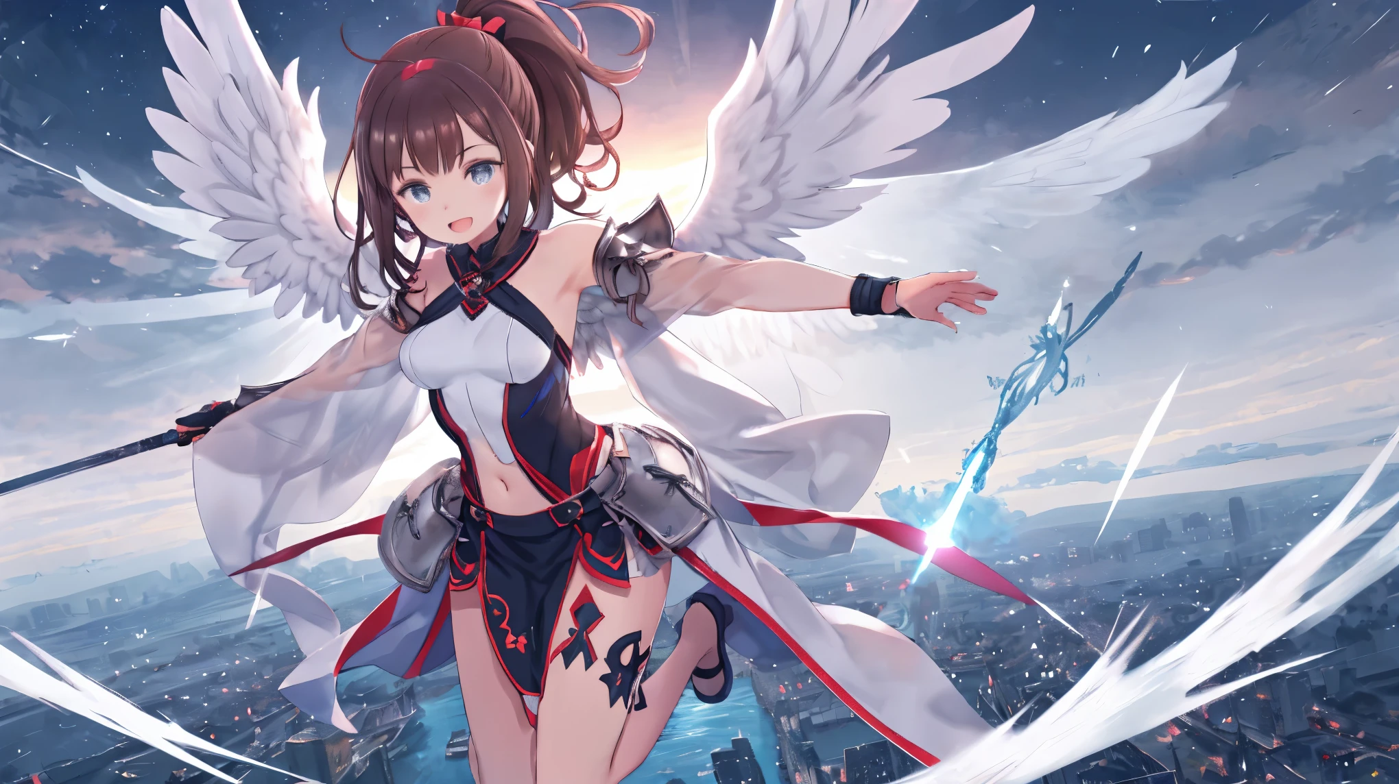 fantasy, 1angel_girl, low_teen, dark_brown_hair,ponytail,long_bangs, (dark_skin)+, bare_shoulder, navel out, thighhighs,silver_shiny_armor, white_wear,waist_armor, Glebe, medium_breasts, dynamic_flying_pose,Floating, (1pair_white_wings:1.2),(pelvic_curtain:1.3), silver_Headgear ,looking_down_at_sunset_city_sky_background,,slightly_spread_legs, ,solo,glare_halo,laugh ,smile,open_mouth,open_legs,open_arms,rise_knee,rise_leg,rise_thigh,rise_leg,forward_leaning_posture,apart_legs,trying_to_hug_viewer
