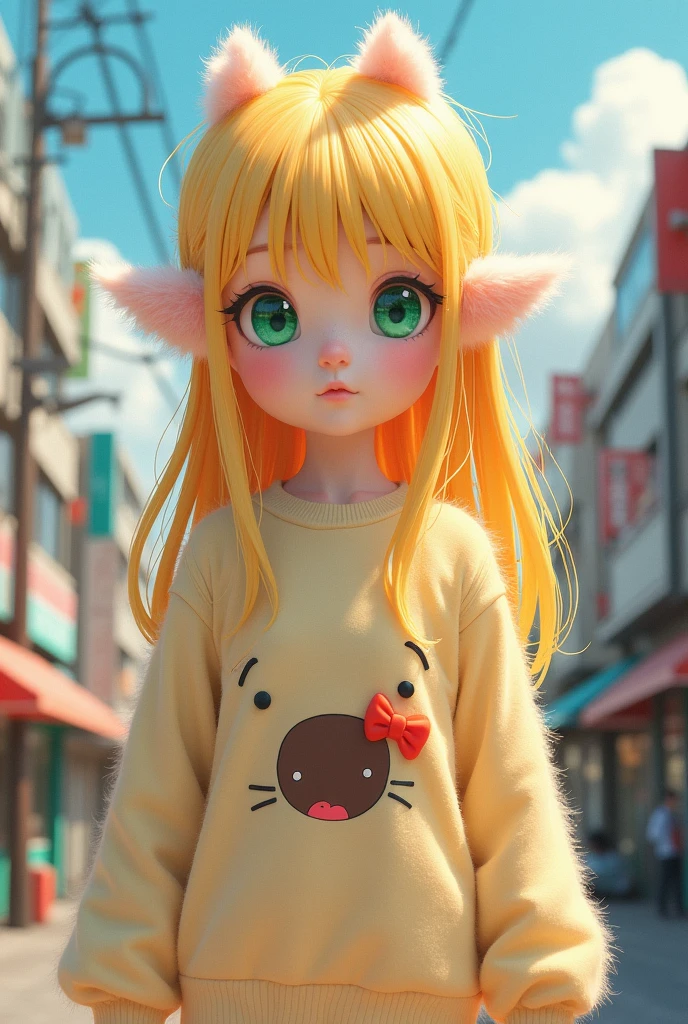 Honeydew-colored hair, straight to the hips, green eyes, droopy eyes, fuzzy look, anime-like streetwear clothing