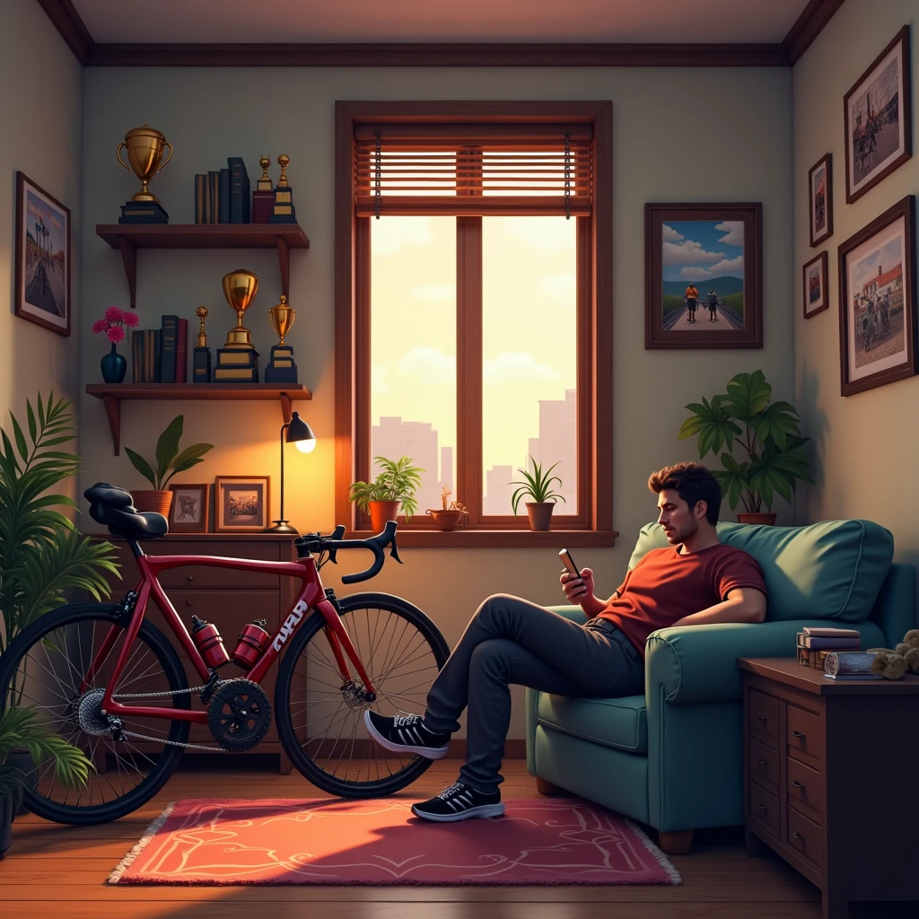 Road bike racer&#39;s home。
There is a road bike in the room.。
The trophies he has won in races are displayed on the shelf.。
Pictures of the practice session are on display。

I was relaxing on the sofa at home.。
Looking at the smartphone screen and asking for points。

The player faces forward。
