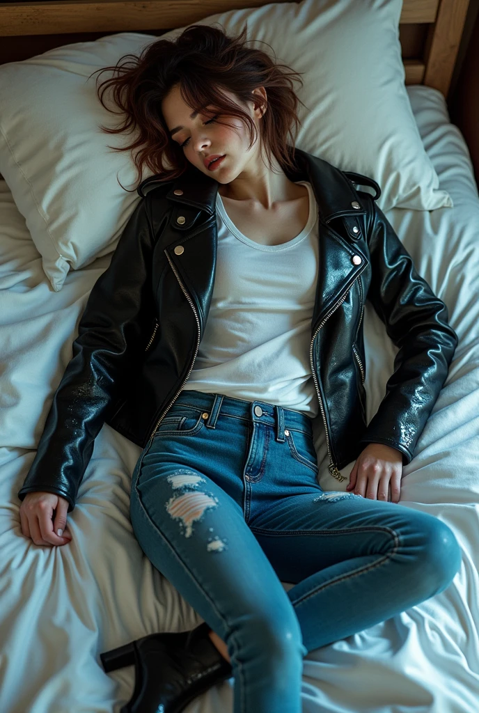 A girl sleeping in bead wearing t-shirt with leather jacket splattered with water, wet blue skinny jeans and black high heel ankle boots, ((show boots)), gradient hair, shiny wet patches on jeans, and wet patches on t-shirt with leather jacket.